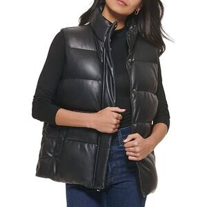 Marc‎ New york faux leather black puffer full zip snap sleeveless M vest